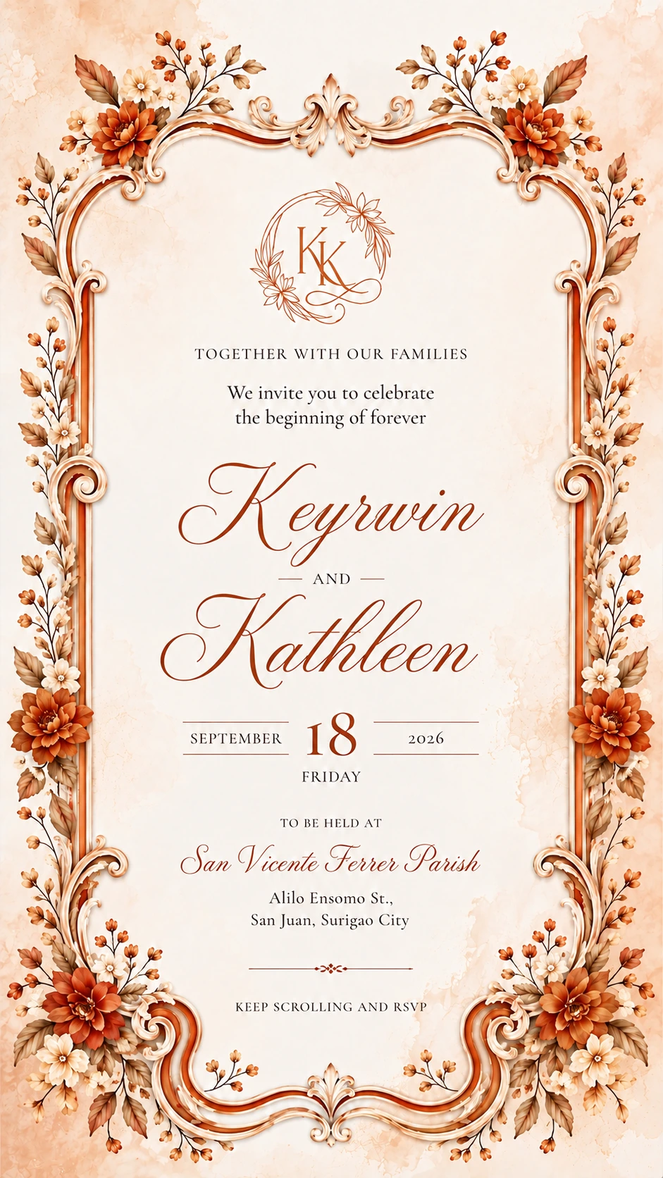 Kathleen and Keyrwin wedding invitation — Friday, September 18, 2026 at San Vicente Ferrer Parish, Surigao City
